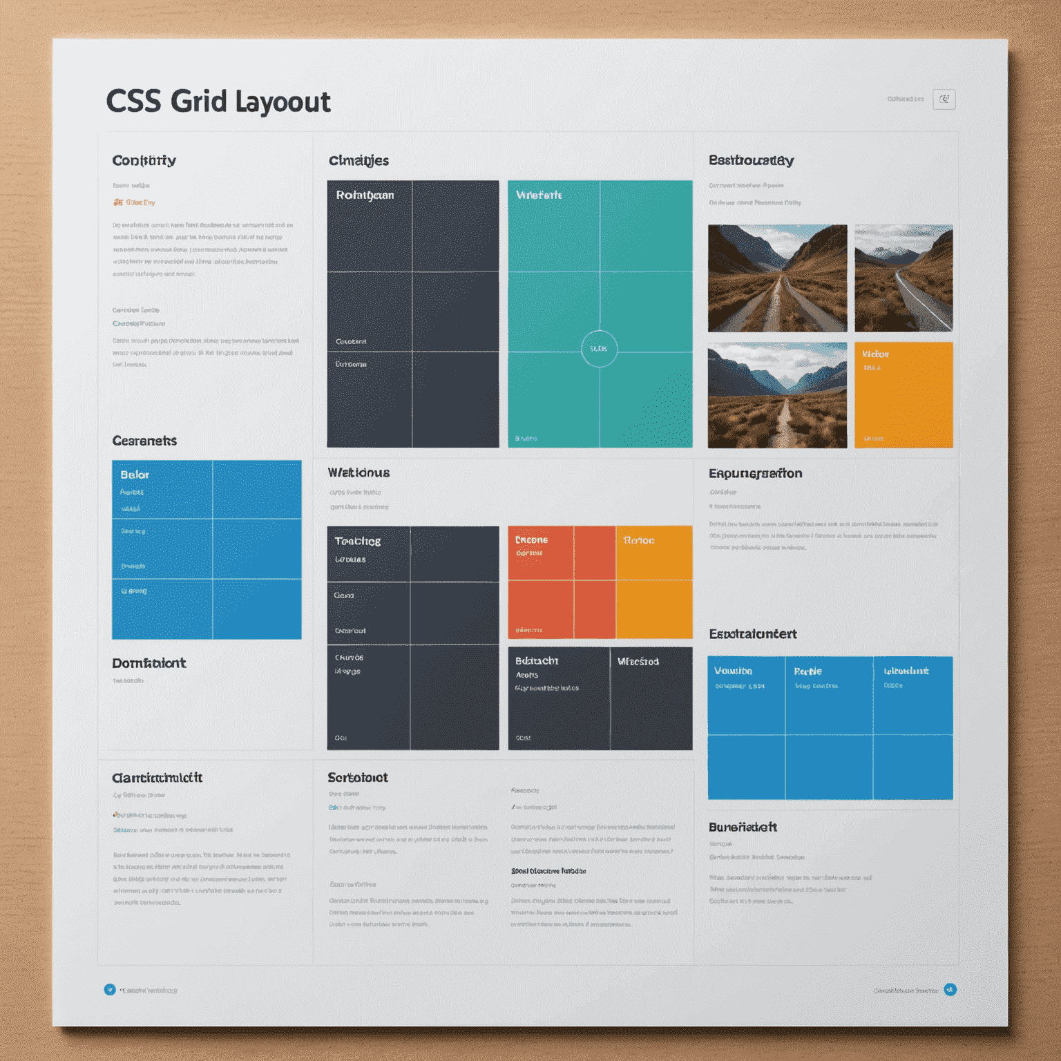 Diagrama visual de CSS Grid Layout mostrando una cuadrícula compleja con diferentes áreas de contenido